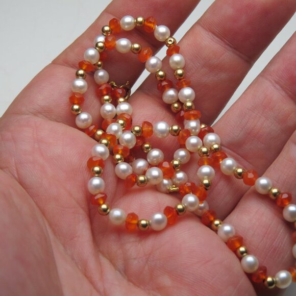 14k Gold Orange Sardonyx & Cultured pearl Necklace - Picture 3 of 4